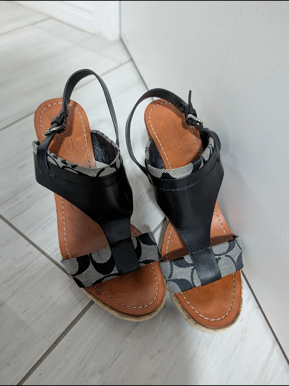 Coach Black Canvas & Leather Cork Espadrille Wedge Sandals